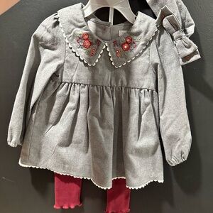 Gray Dress with Red Embroidery and Bow